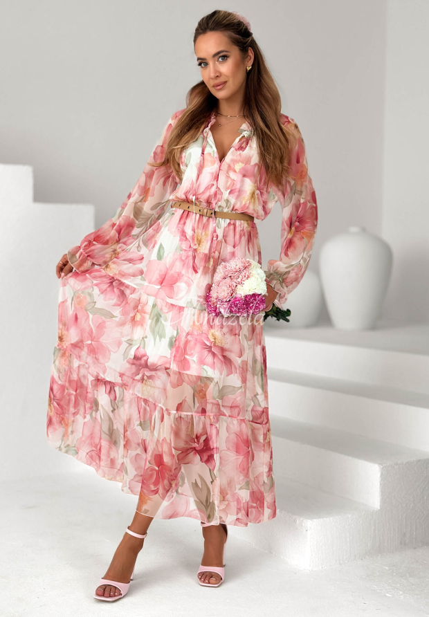 Gebl&uuml;mtes Maxikleid mit R&uuml;schen und G&uuml;rtelPretty Orchid Rosa
