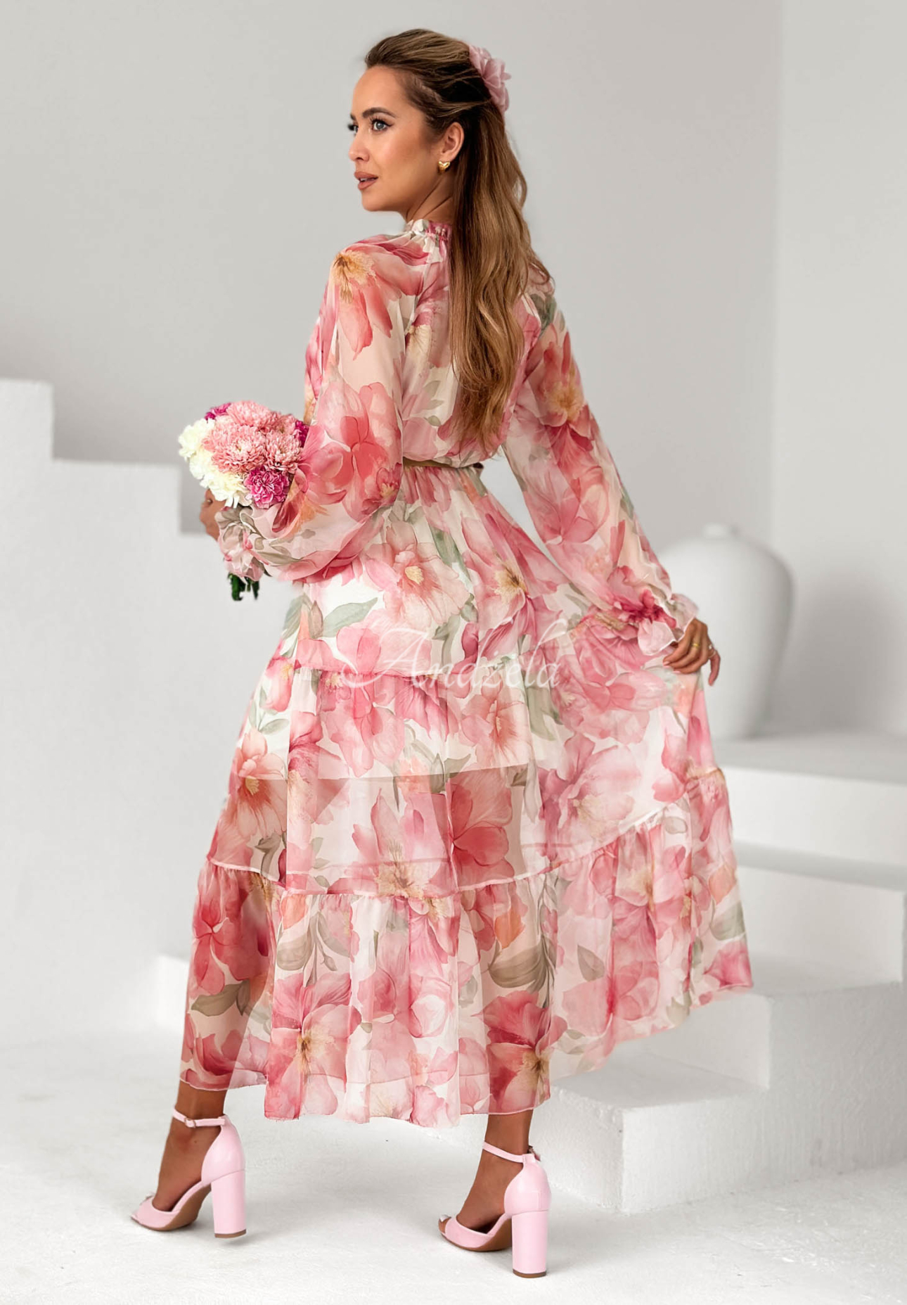 Pretty Orchid Pink Floral Maxi Dress with Ruffles and a Belt