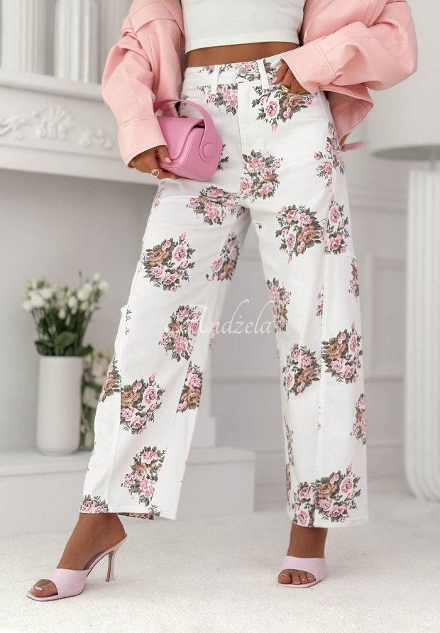 Balloon-Jeans mit Blumenmuster Floral Denim Wei&szlig;