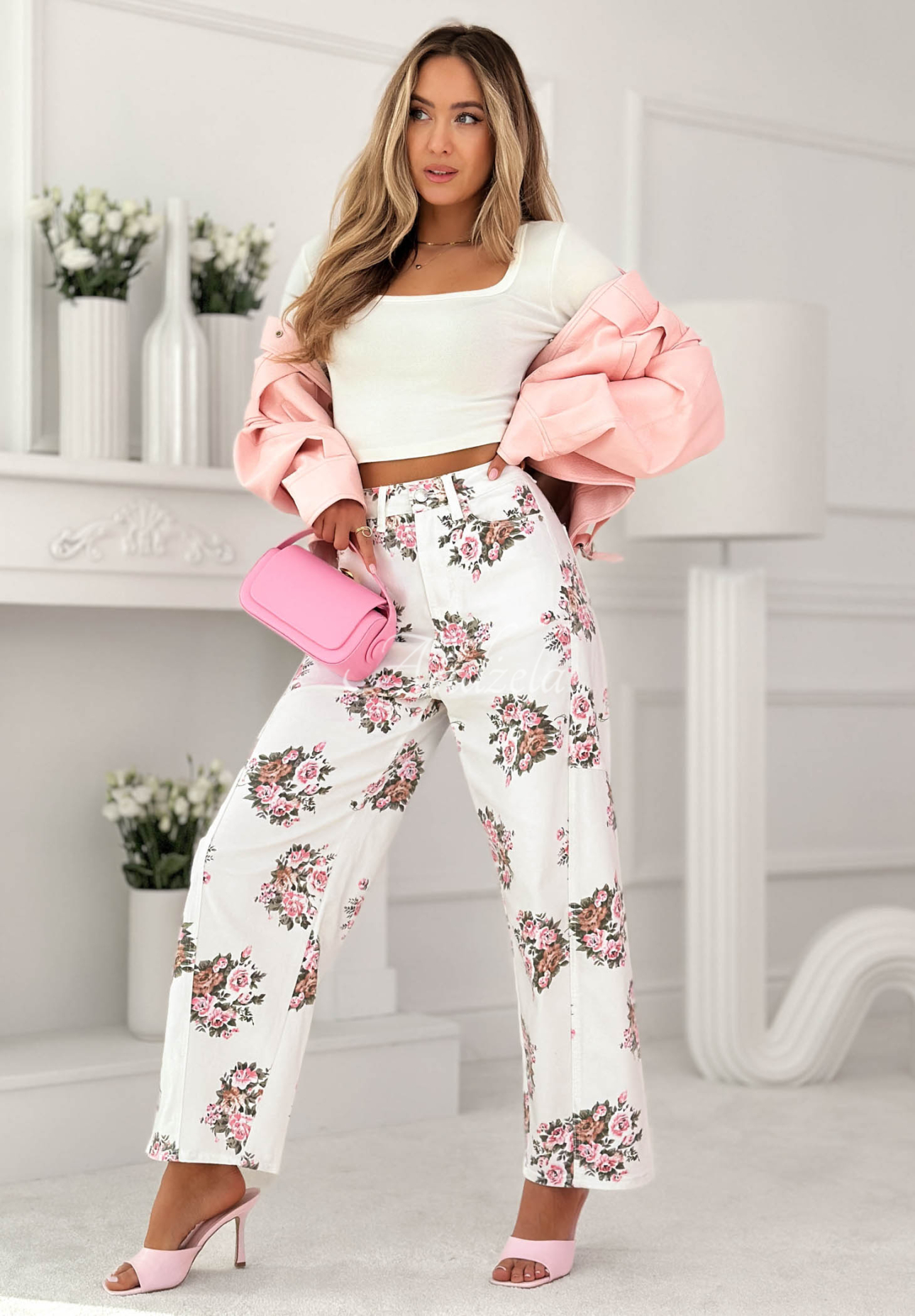 Floral Denim White Balloon Jeans