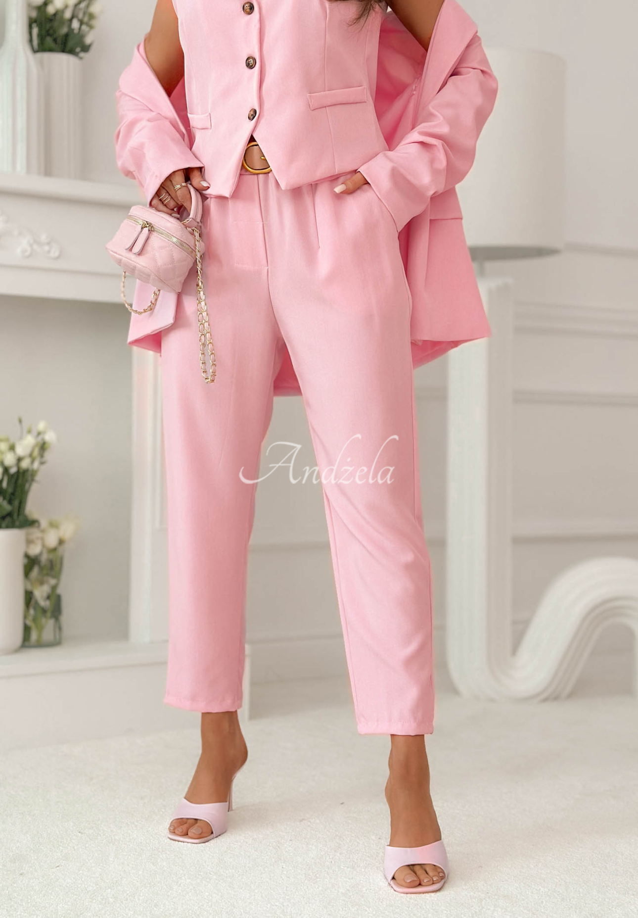 Cordelia Pink Elegant Cigarette Pants with a Belt