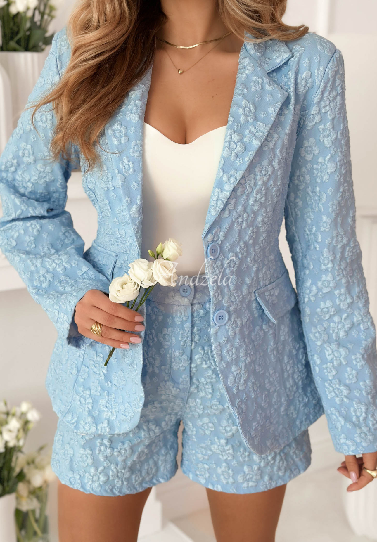 Susan's Textured Blue Jacket and Shorts Set