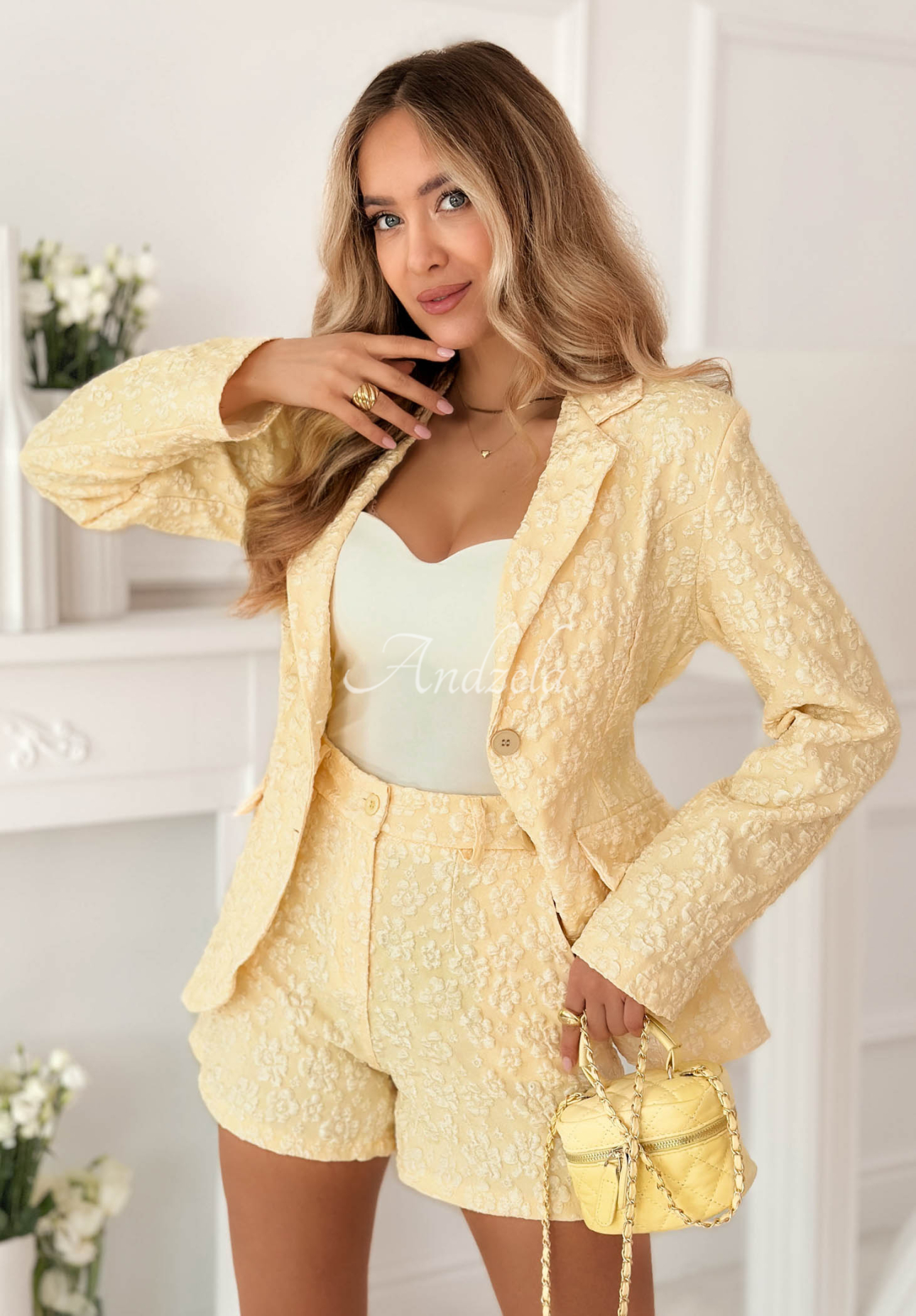 Susan Yellow Textured Jacket and Shorts Set