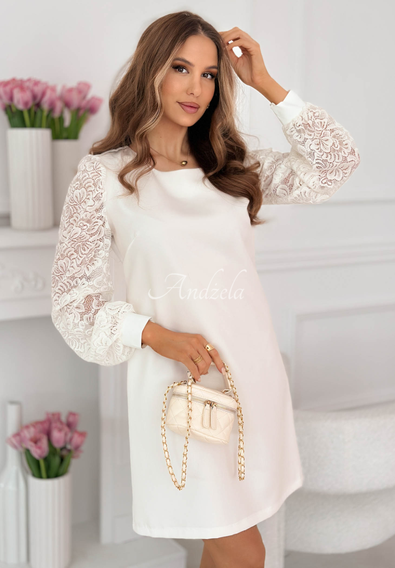Daniela Dress with Lace Sleeves in Ecru