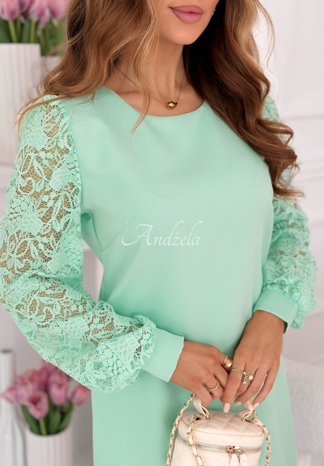 Daniela Mint Dress with Lace Sleeves