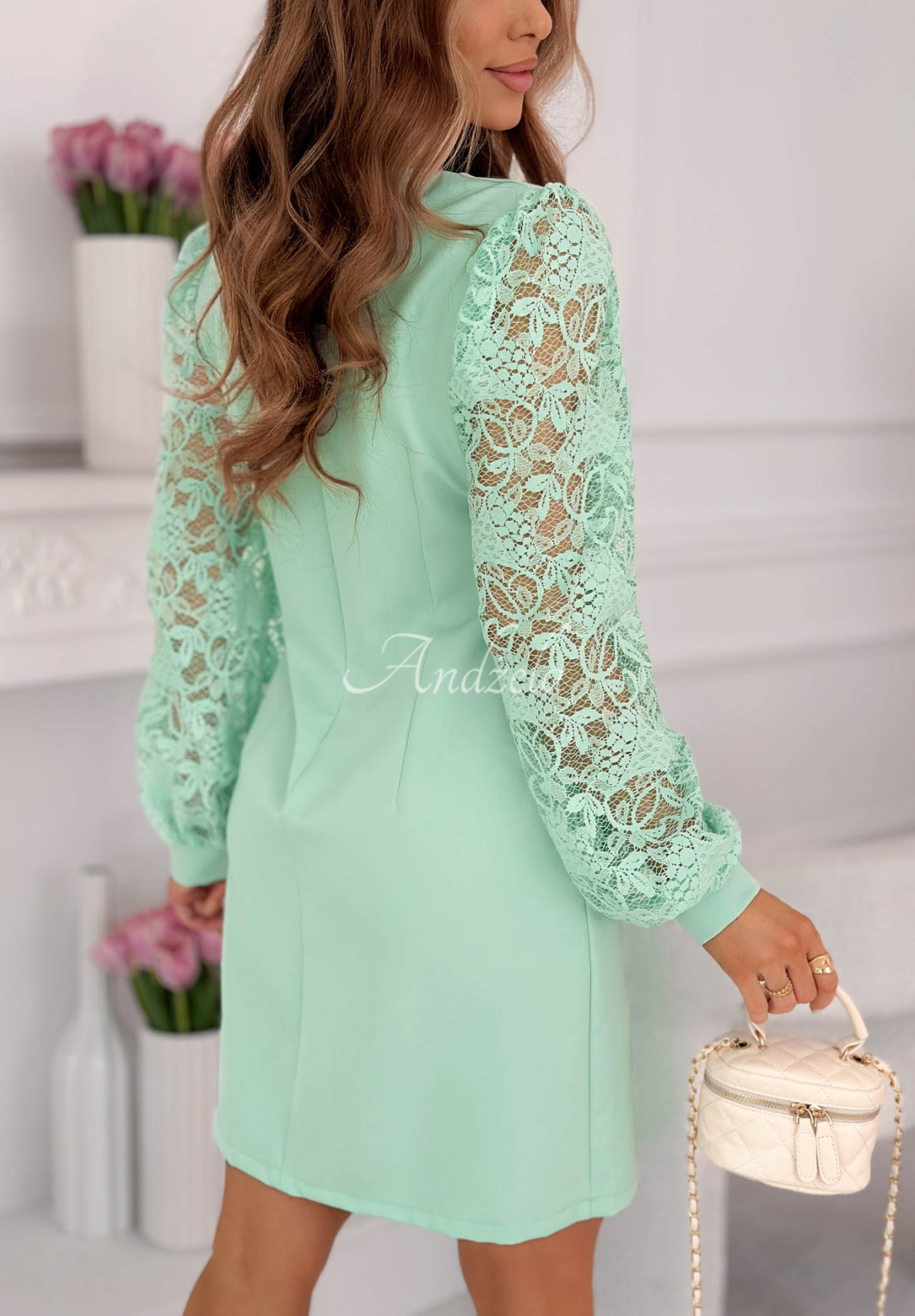 Daniela Mint Dress with Lace Sleeves