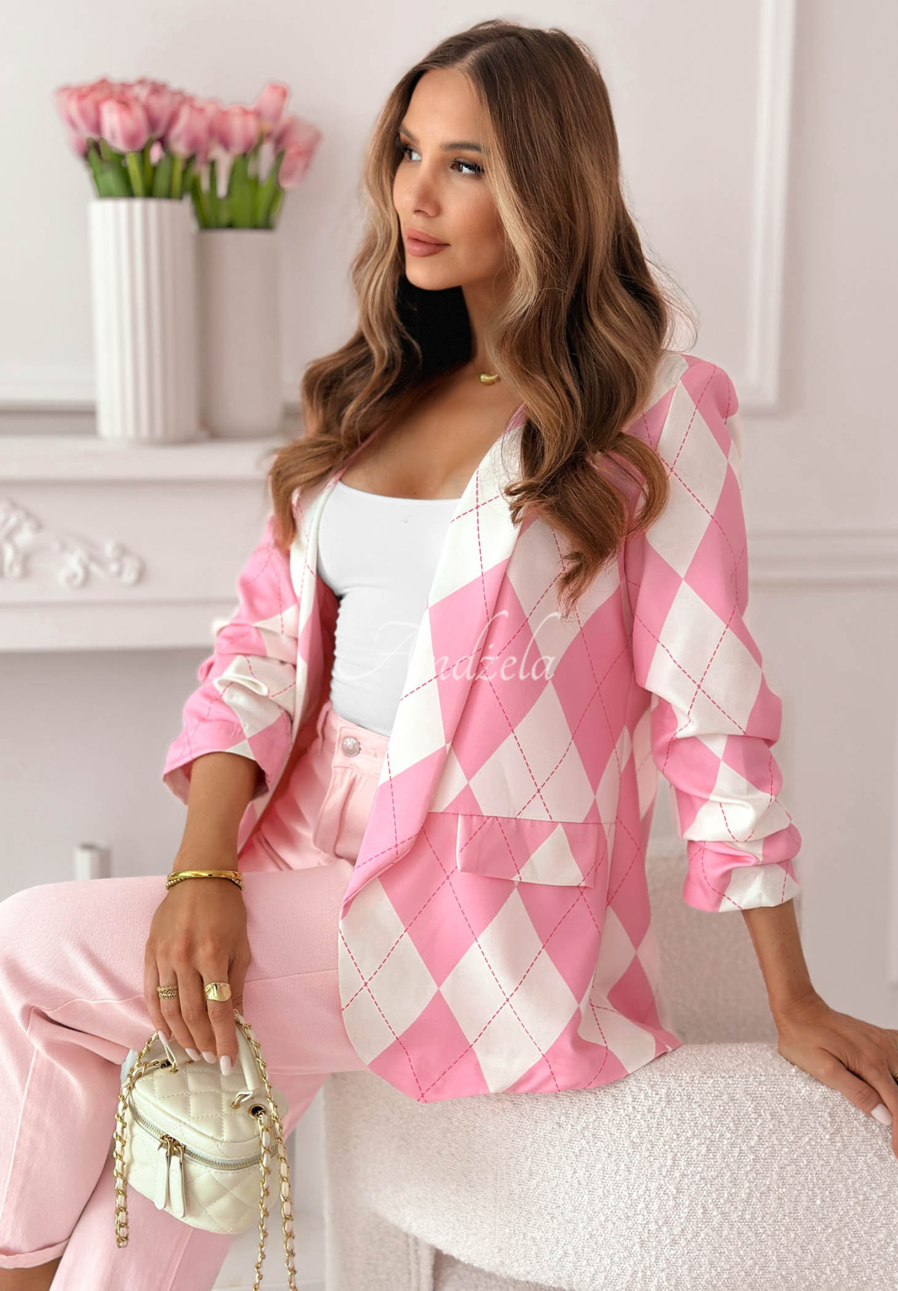 Sharon Pink Diamond-Patterned Blazer