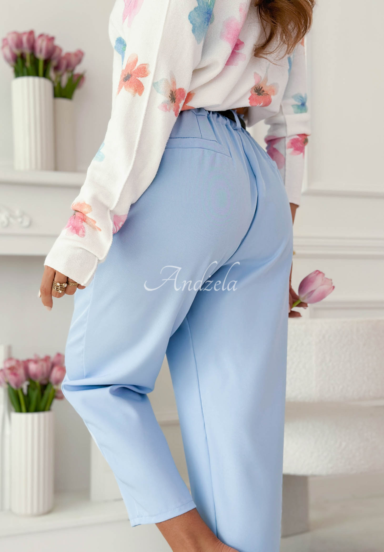 Liora light blue cotton pants with a belt and elastic waistband
