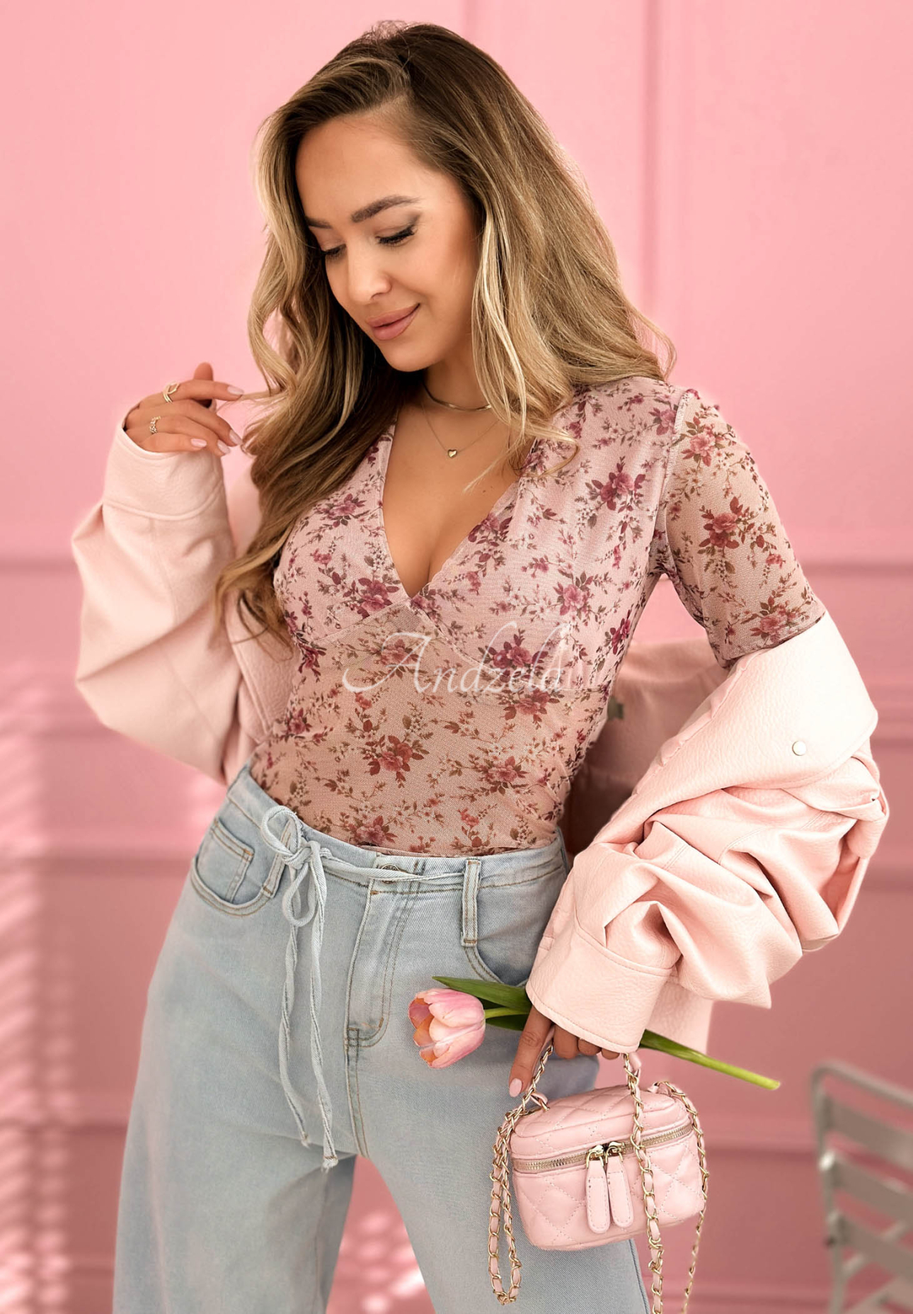 Blumige Bluse aus Mesh Miravelle Rosa