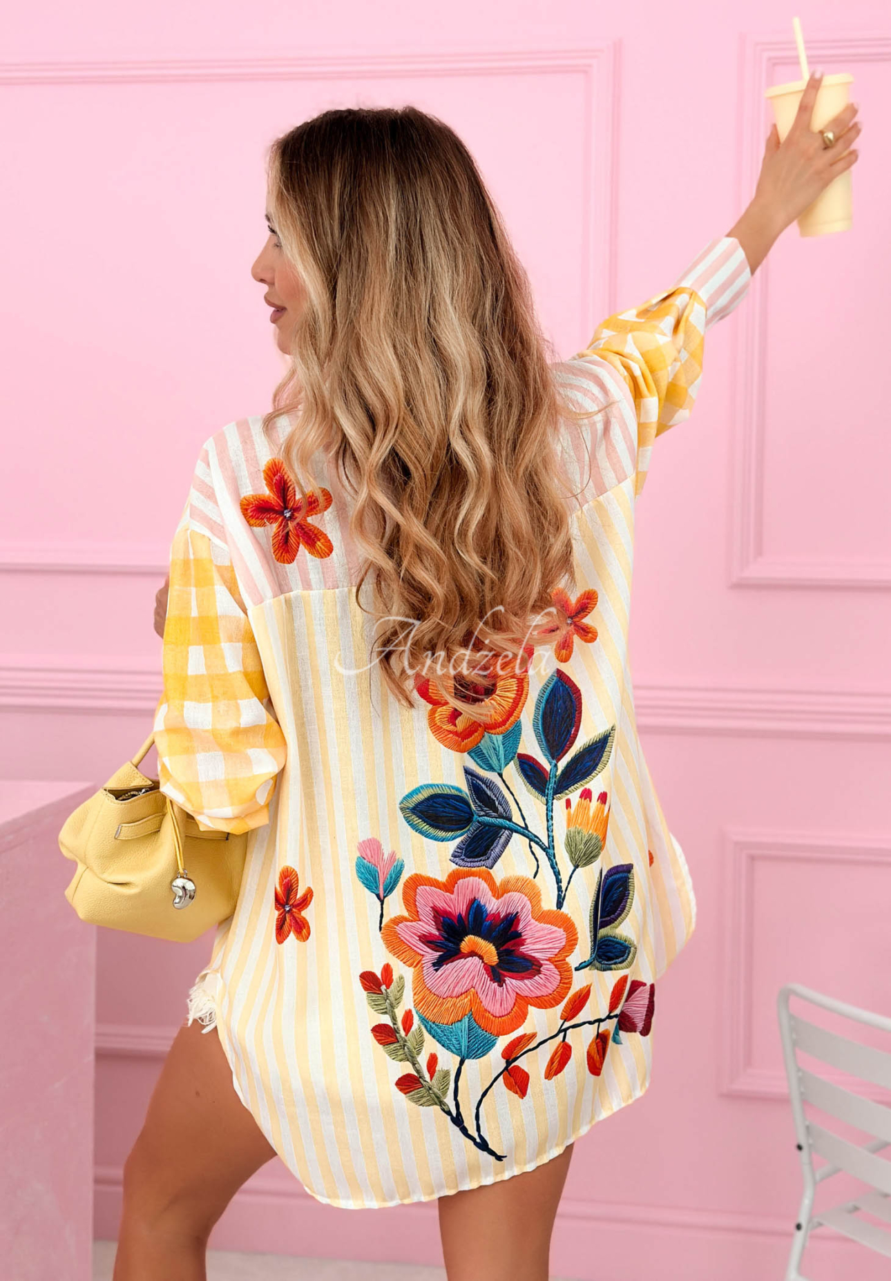 Asymmetrical striped and floral viscose shirt by Clover, yellow