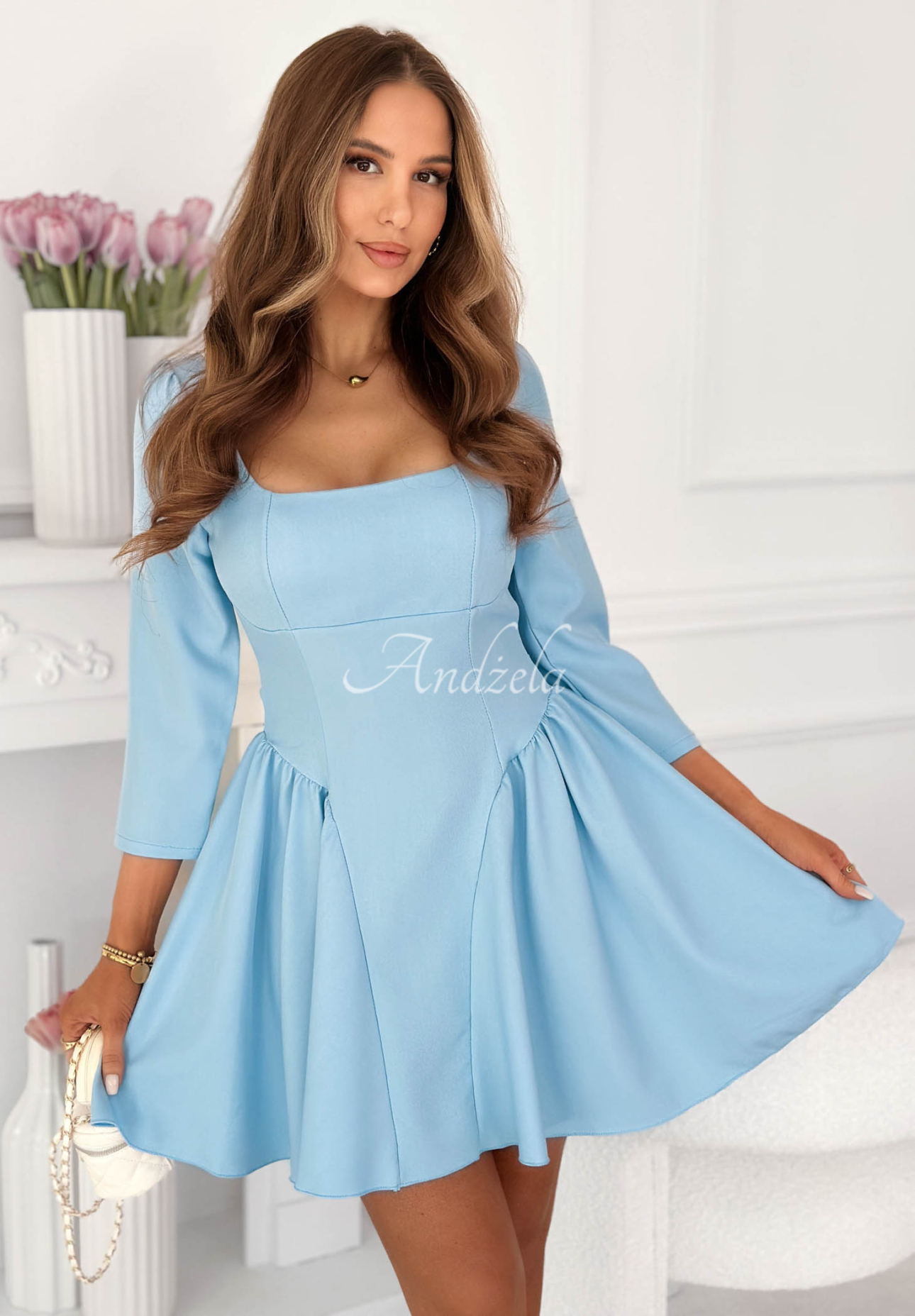Good Luck Baby Light Blue Flared Mini Dress with a Square Neckline