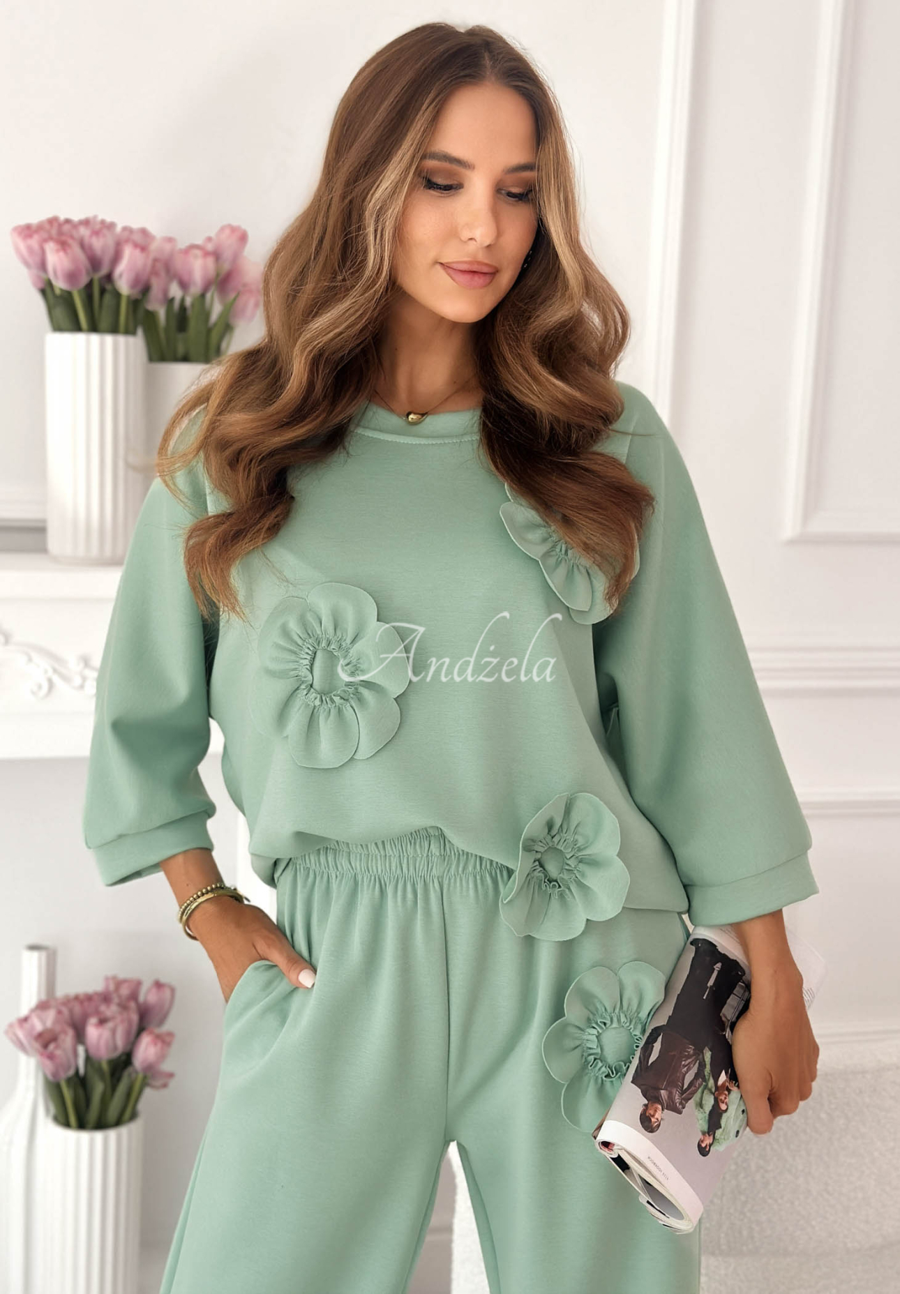 Floralia Pistachio Floral and Viscose Sweatsuit Set