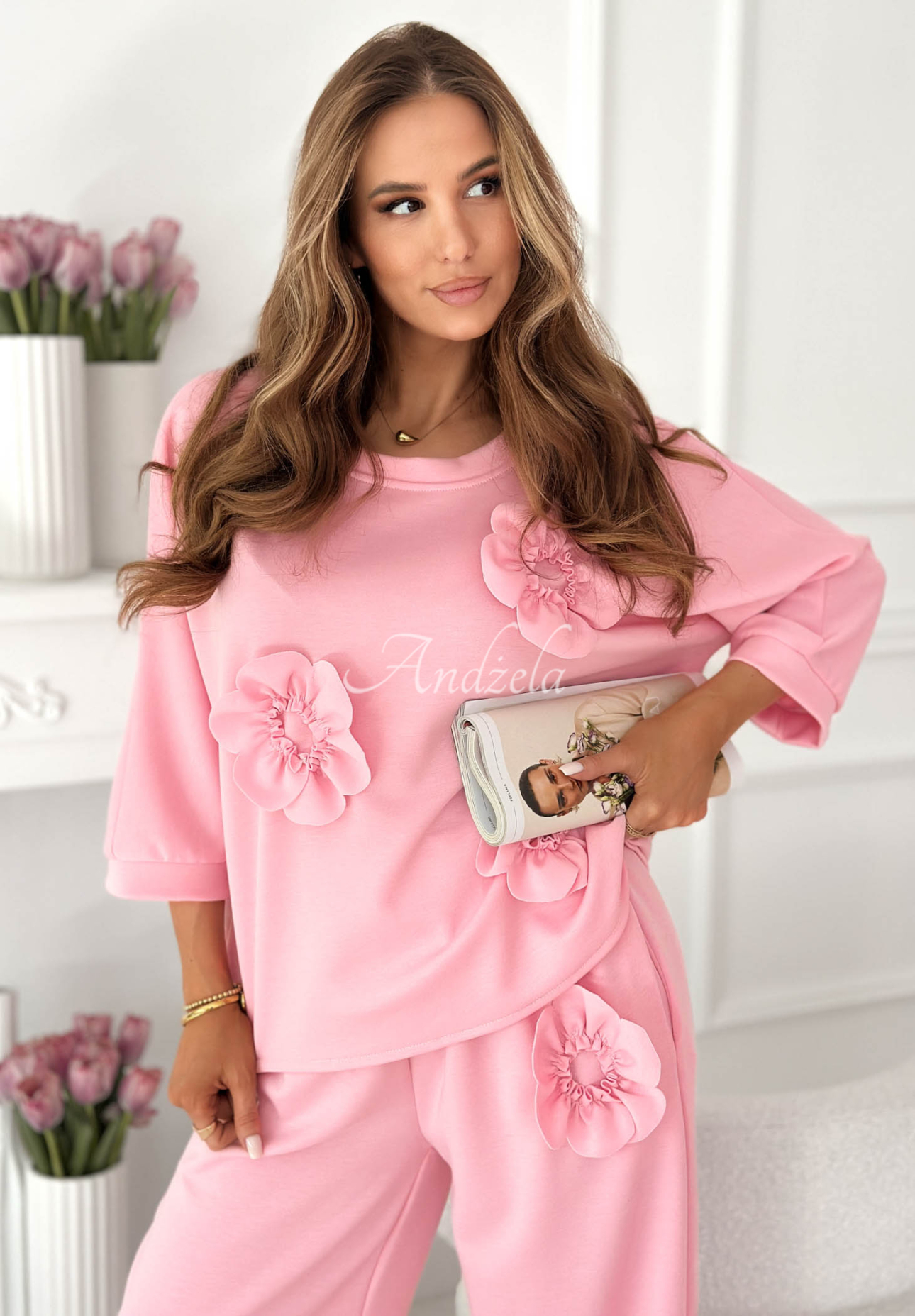 Floralia Powder Pink Sweatsuit Set with Floral Print and Viscose