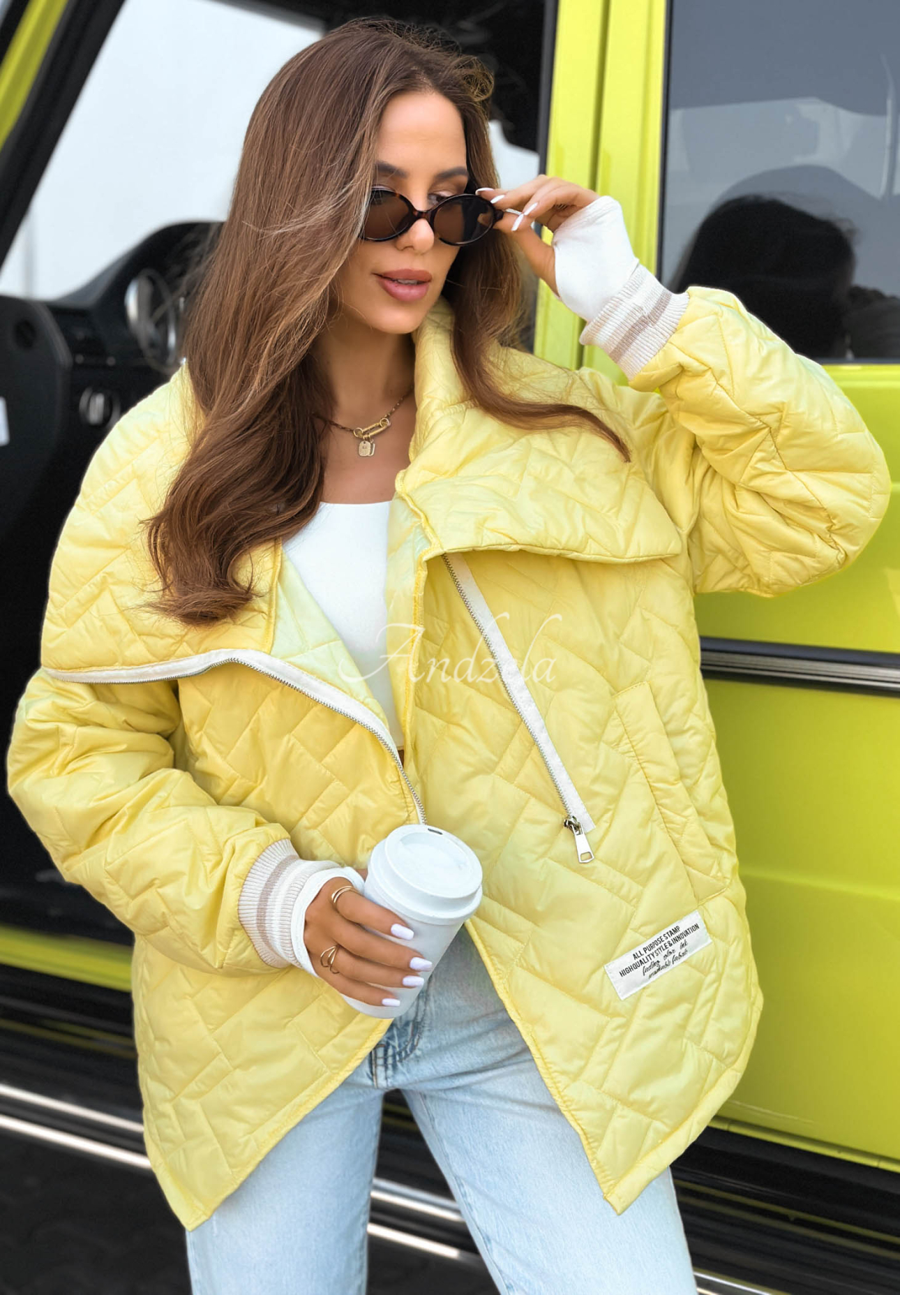 Quilted jacket with collar Where Are We yellow