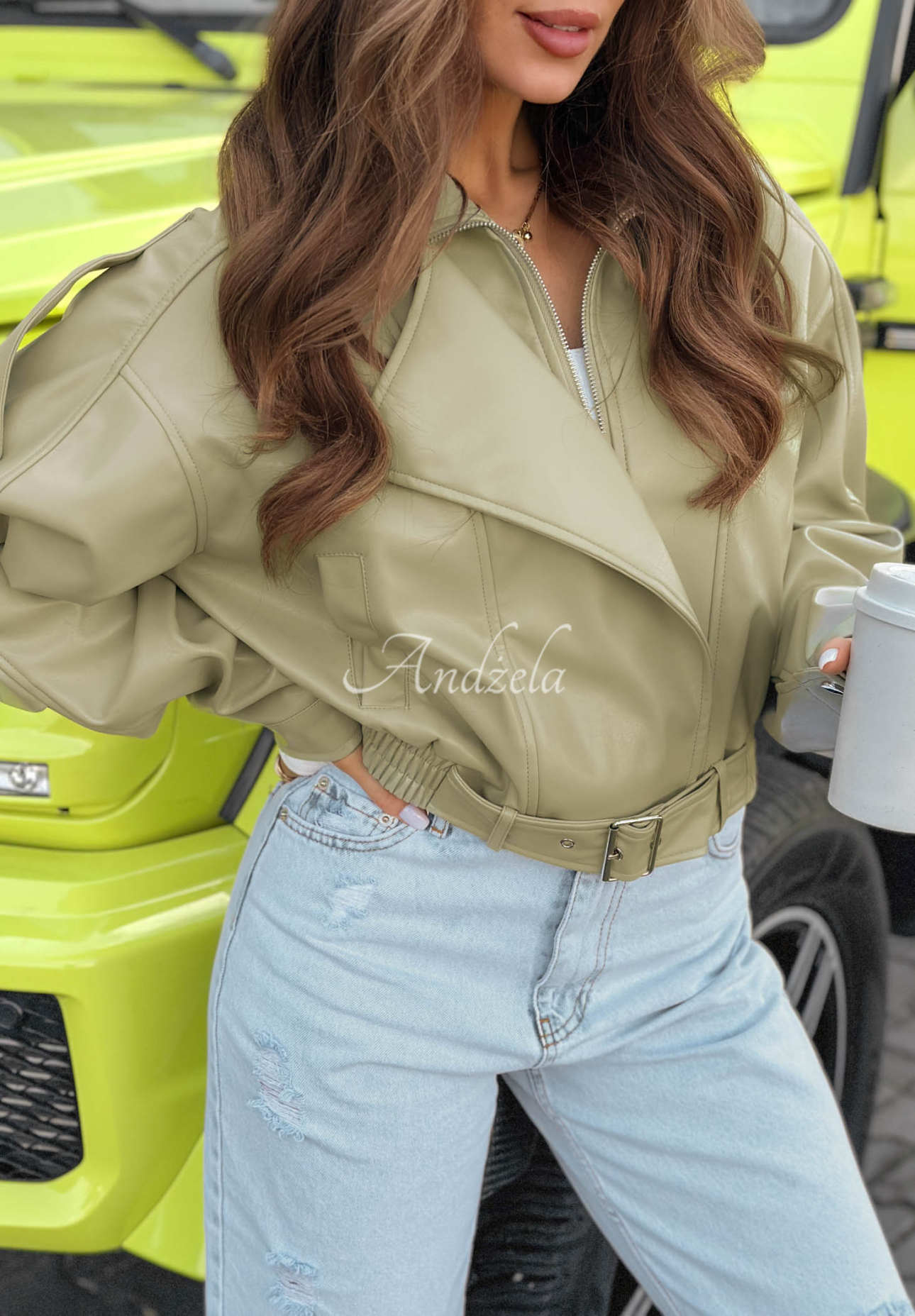 Kurze Lederbomberjacke Glorianna Pistaziengrün