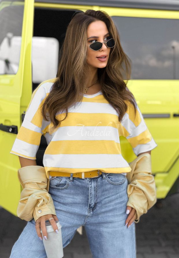 Gestreiftes Baumwoll T-Shirt mit Ausschnitt Summer Lemonade wei&szlig;-Gelb