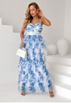 Kwiecista Dress maxi z falbankami Flora Princess biało-blue