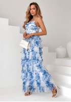 Geblümtes Maxikleid mit Rüschen Flora Princess weiß-blau