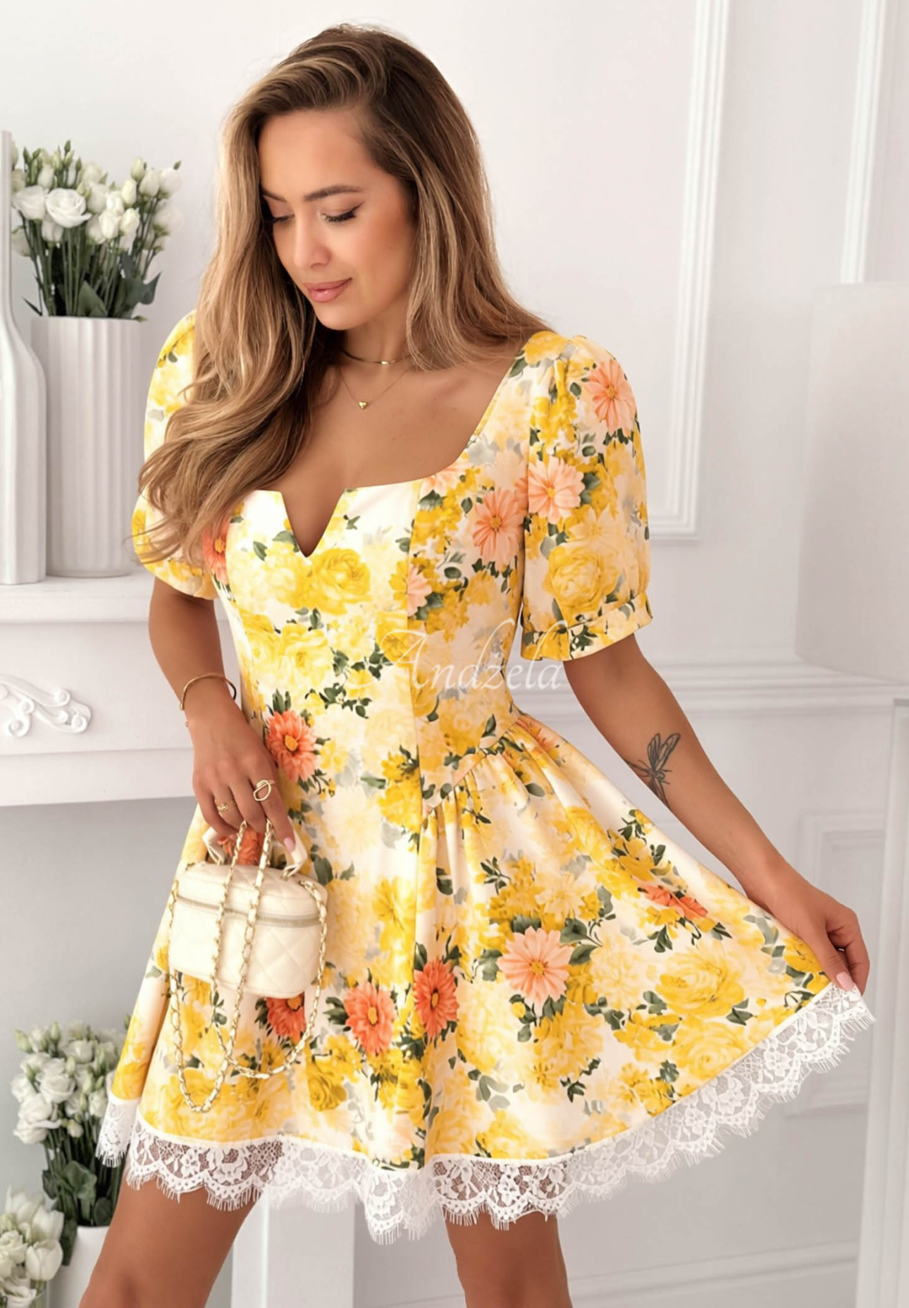 Blumenkleid mit Puffärmeln und Spitze Clementine Gelb