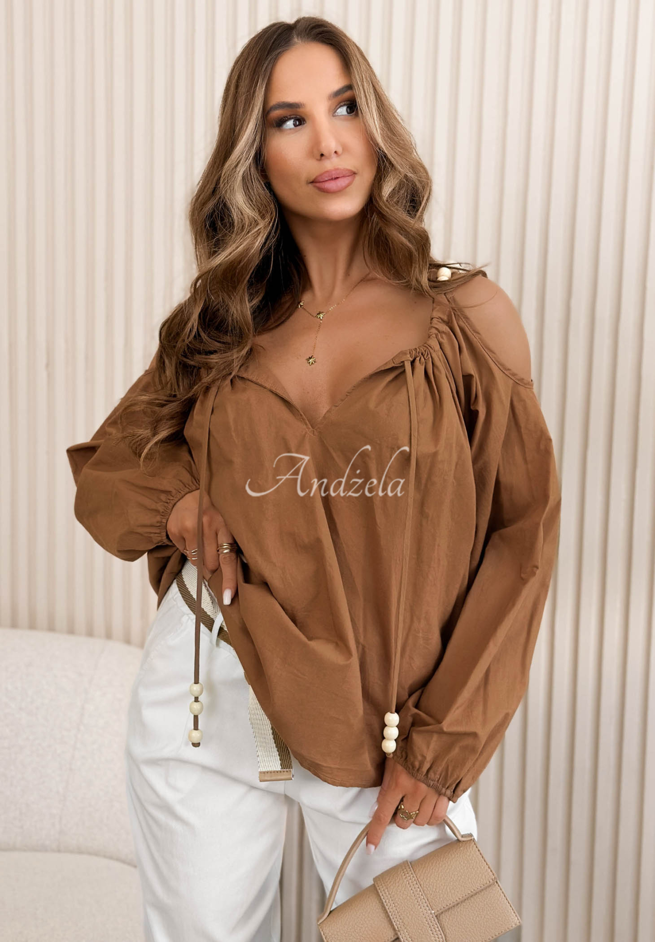 La Riva camel-colored cotton blouse with beads