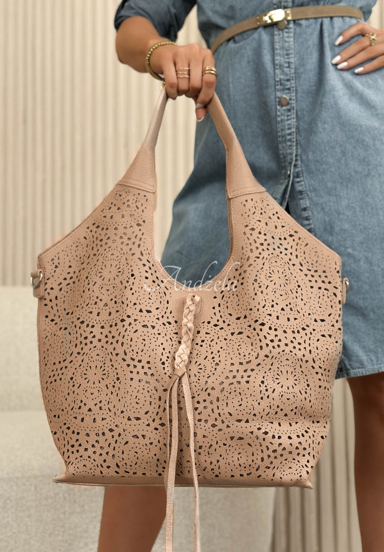 Muriel Beige Leather Openwork Handbag