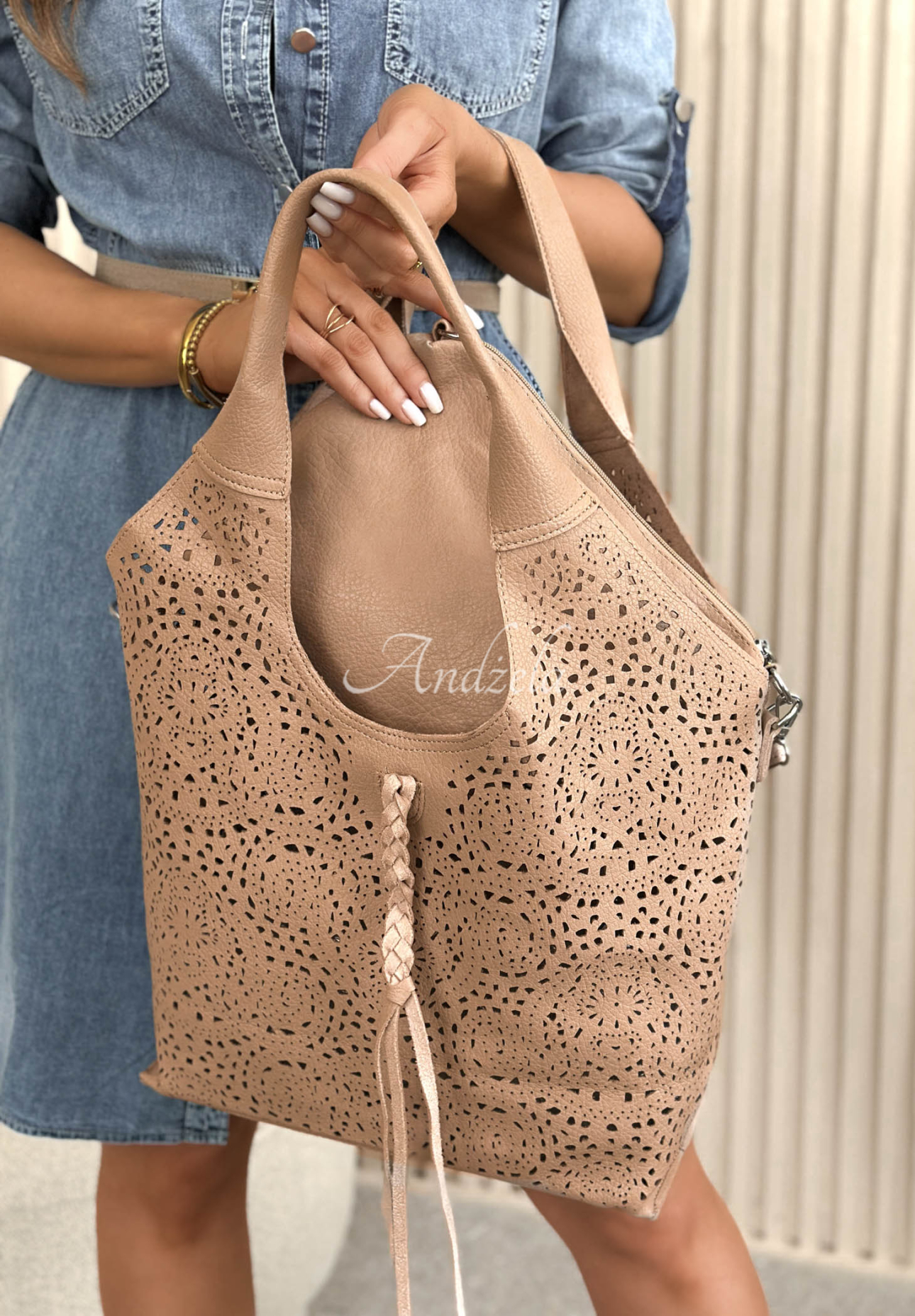 Muriel Beige Leather Openwork Handbag