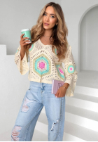 Ażurowy sweter boho Mandy beżowo-błękitny
