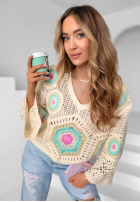 Ażurowy Pullover boho Mandy Beige-Himmelblau