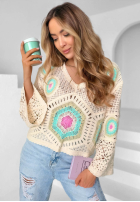 Ażurowy Pullover boho Mandy Beige-Himmelblau