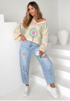 Ażurowy sweter boho Mandy beżowo-błękitny