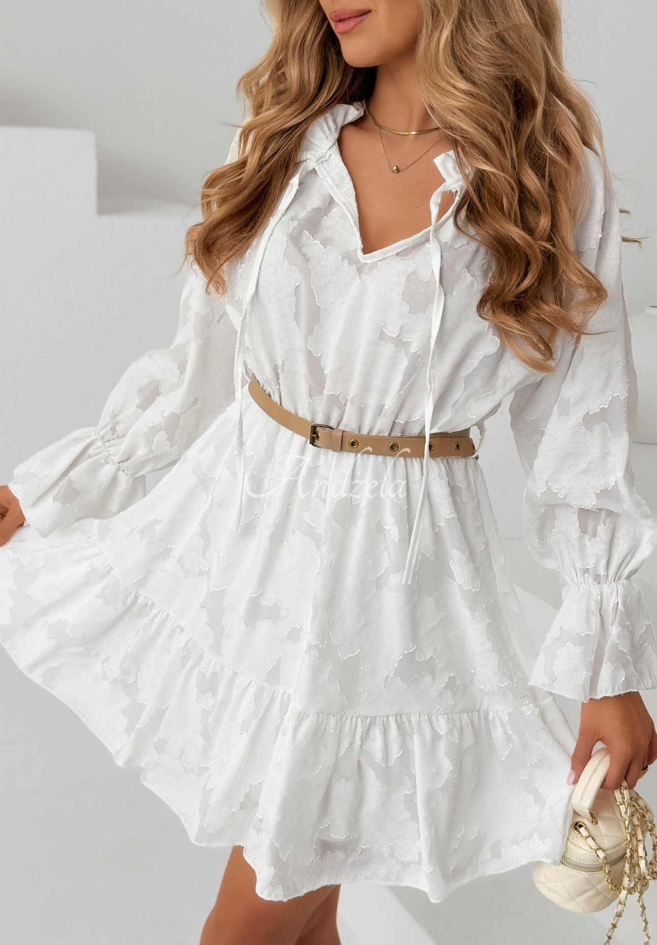 Abigail ecru mini dress with ruffles and a belt