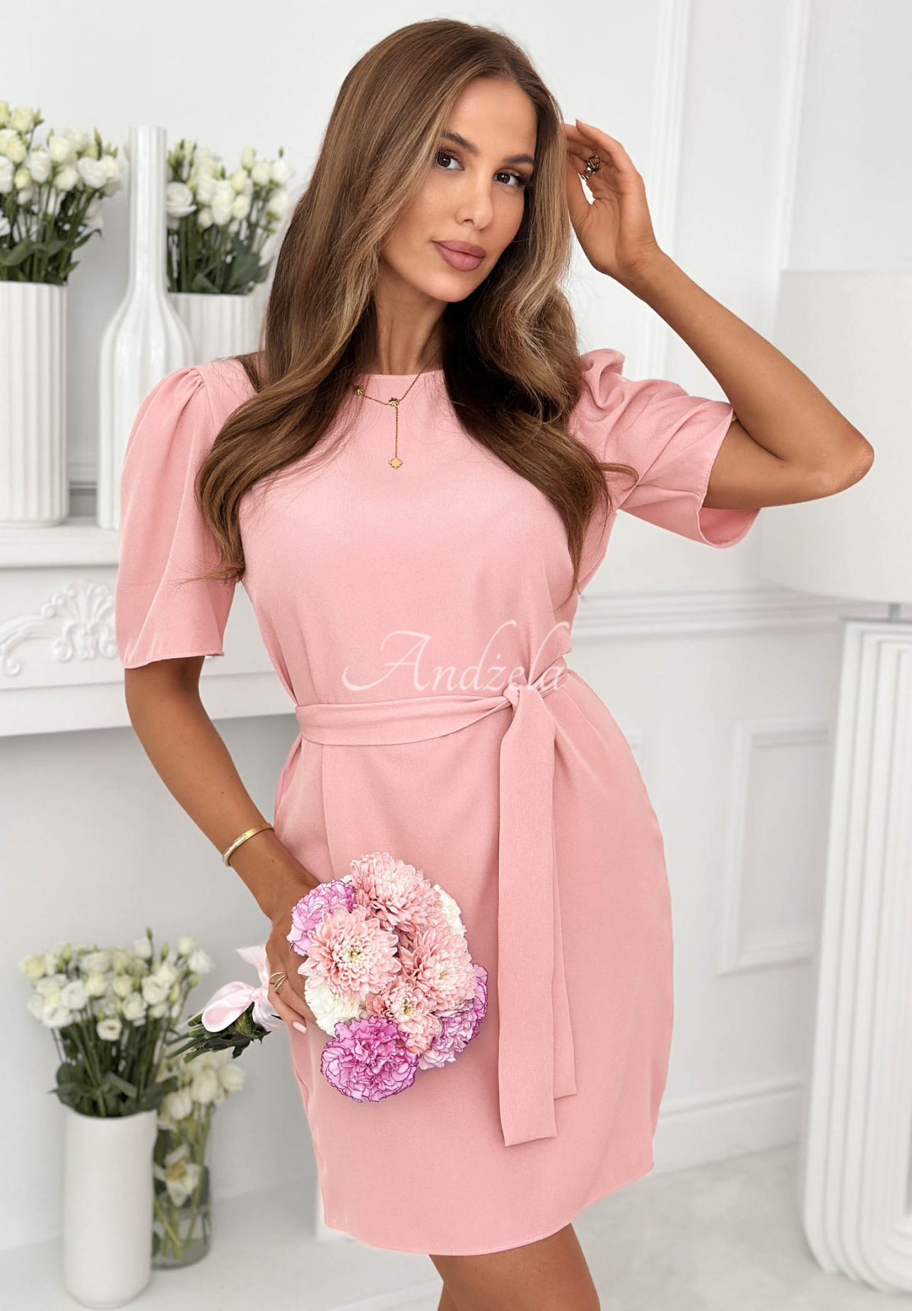 Short-sleeved dress with viscose, "Feel The Moment" in powder pink
