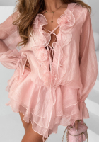 Kleid mini z falbankami i różami If Only You Ecru