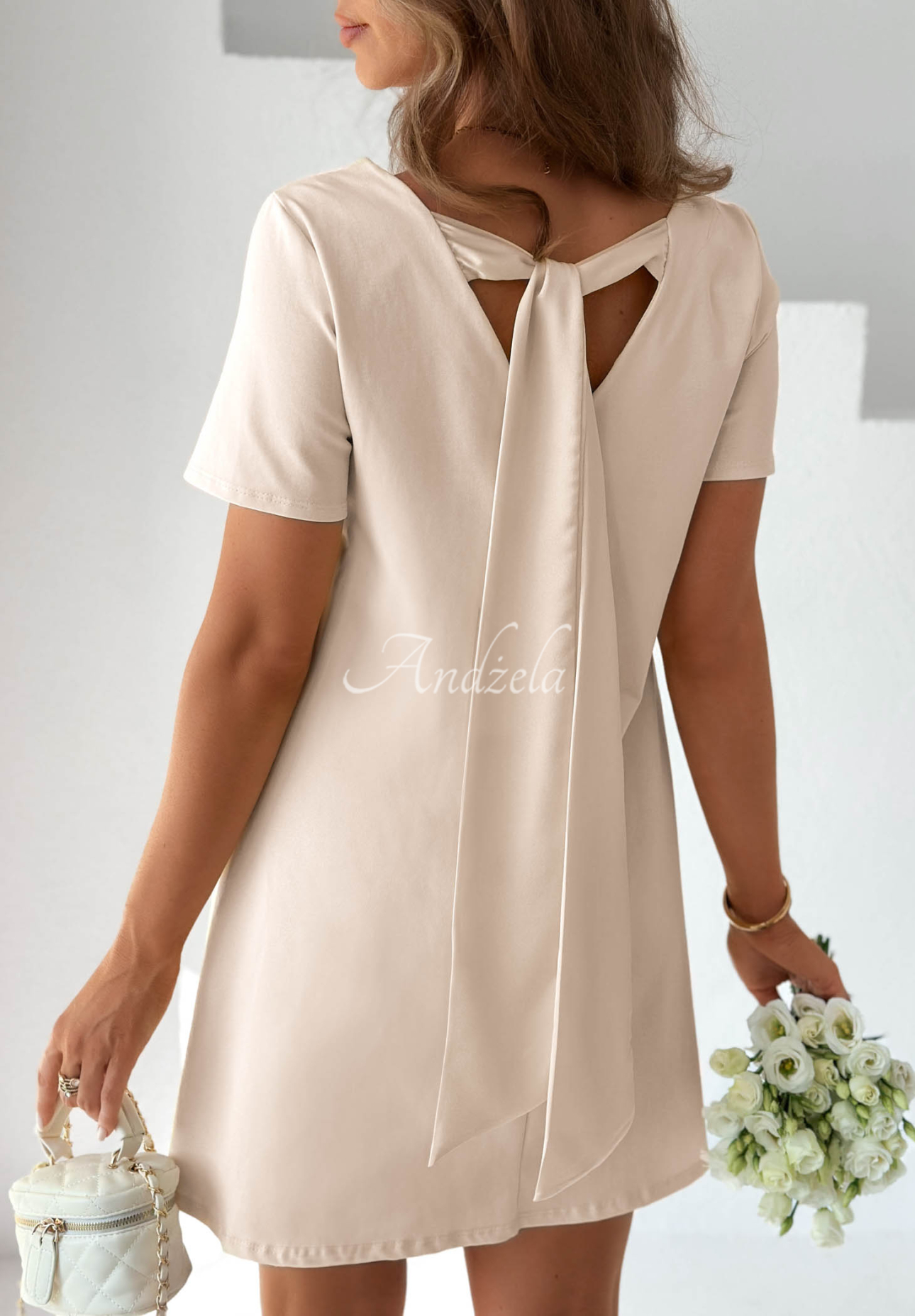 Mariette Beige Cotton Mini Dress with Bow
