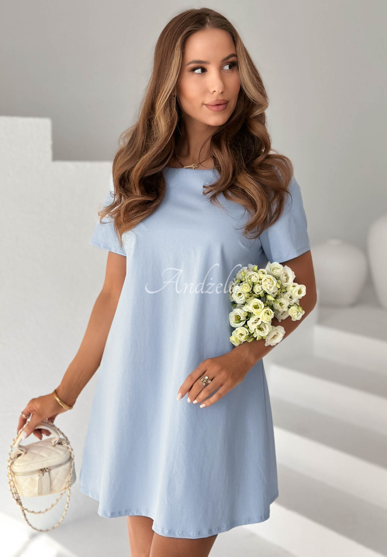 Baumwoll-Minikleid mit Schleife Mariette Himmelblau