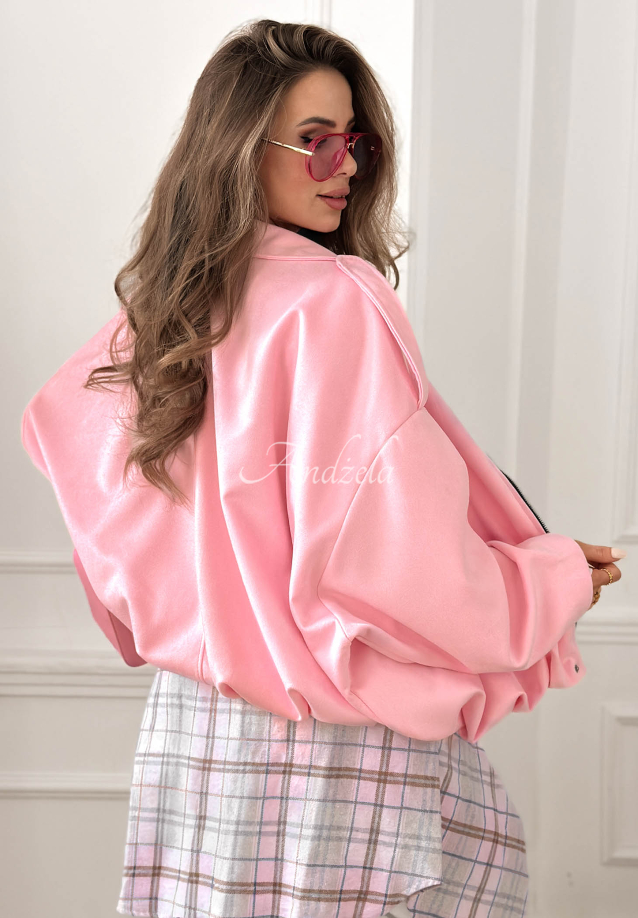 Early Season pink oversized suede bomber jacket