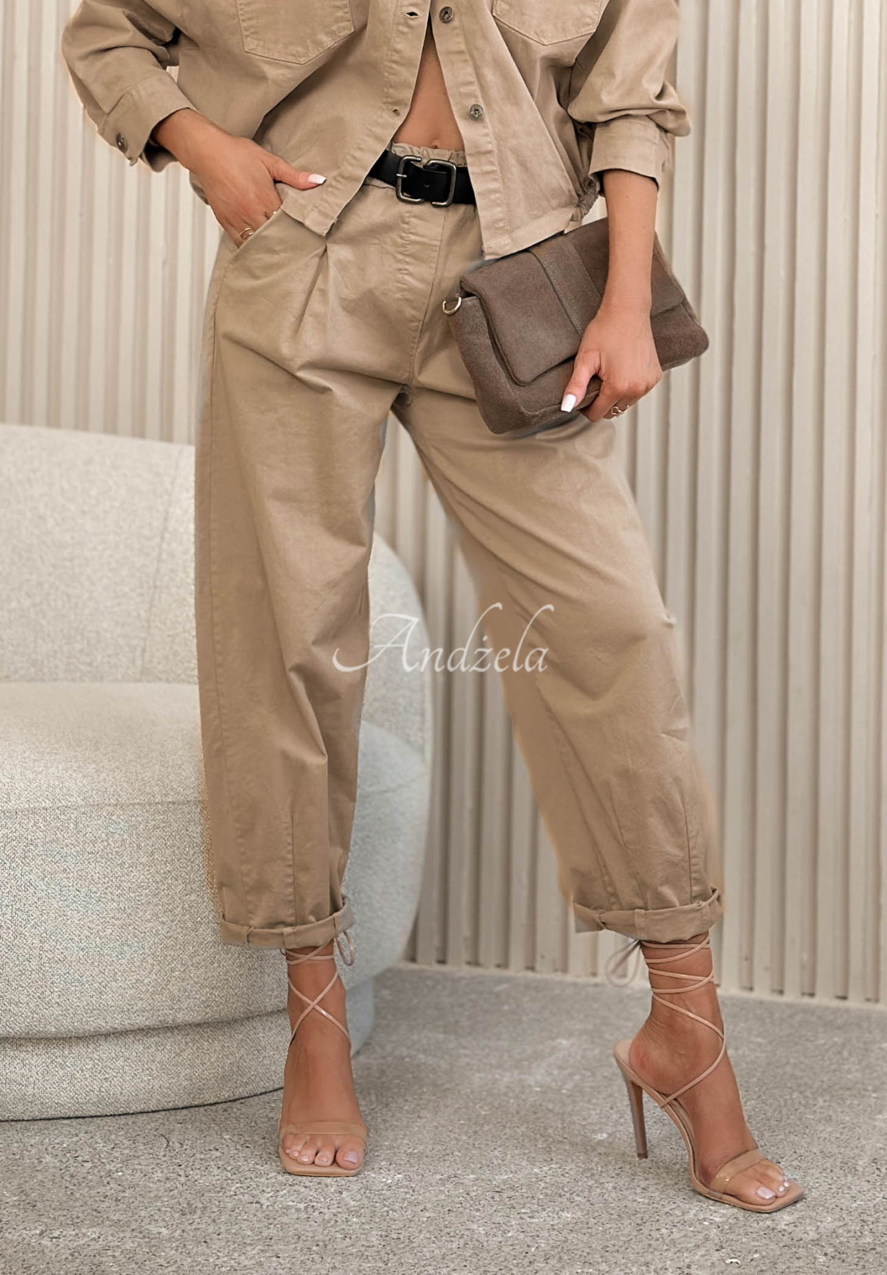 Nature Touch camel-colored cotton pants with a belt