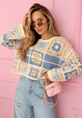 Durchbrochener Pullover boho Yasmine Himmelblau