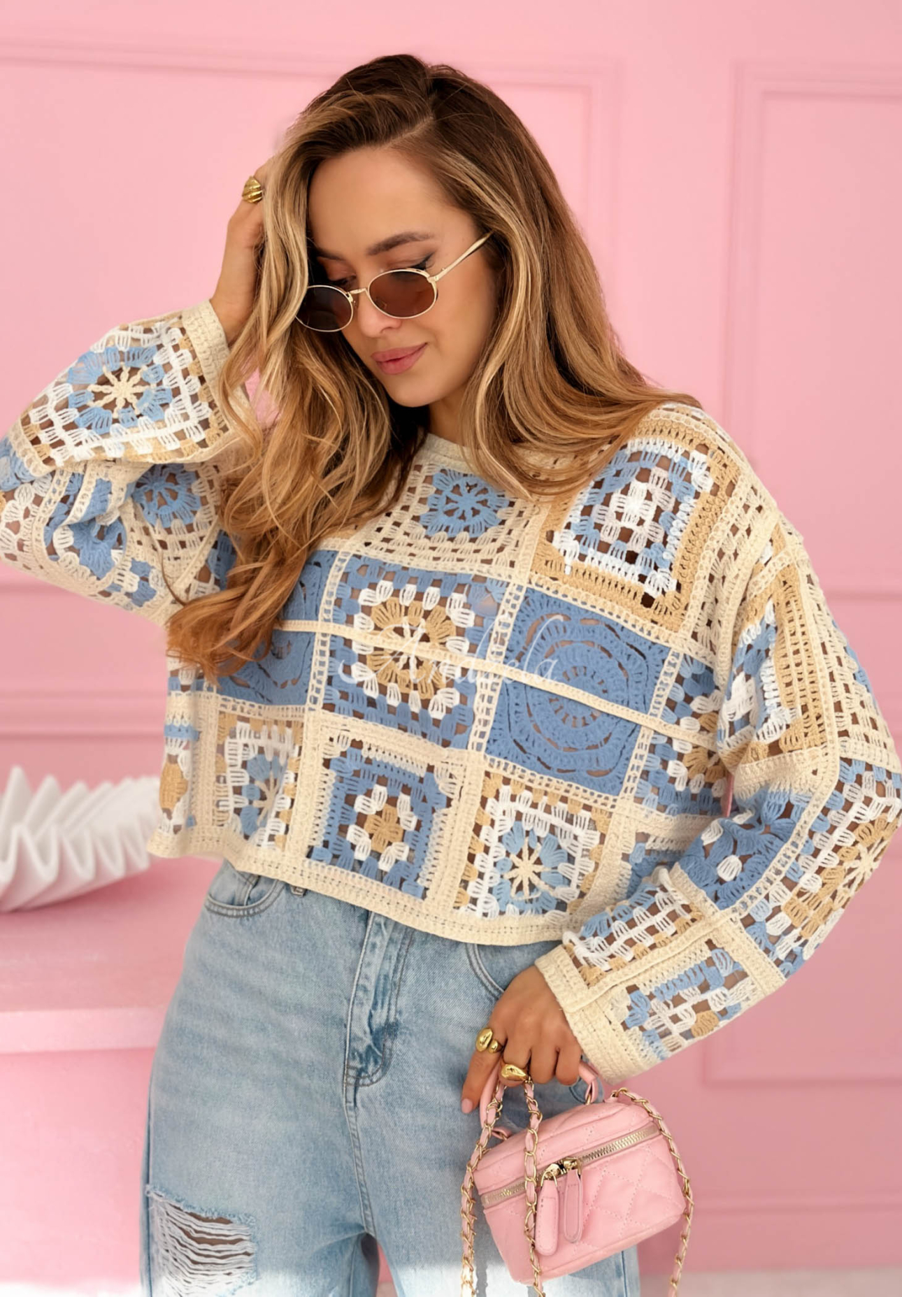 Durchbrochener Pullover boho Yasmine Himmelblau