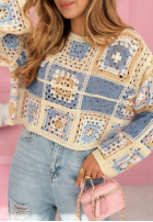 Ozdobnie pleciony ażurowy Pullover Moonstone błękitno-Rosa