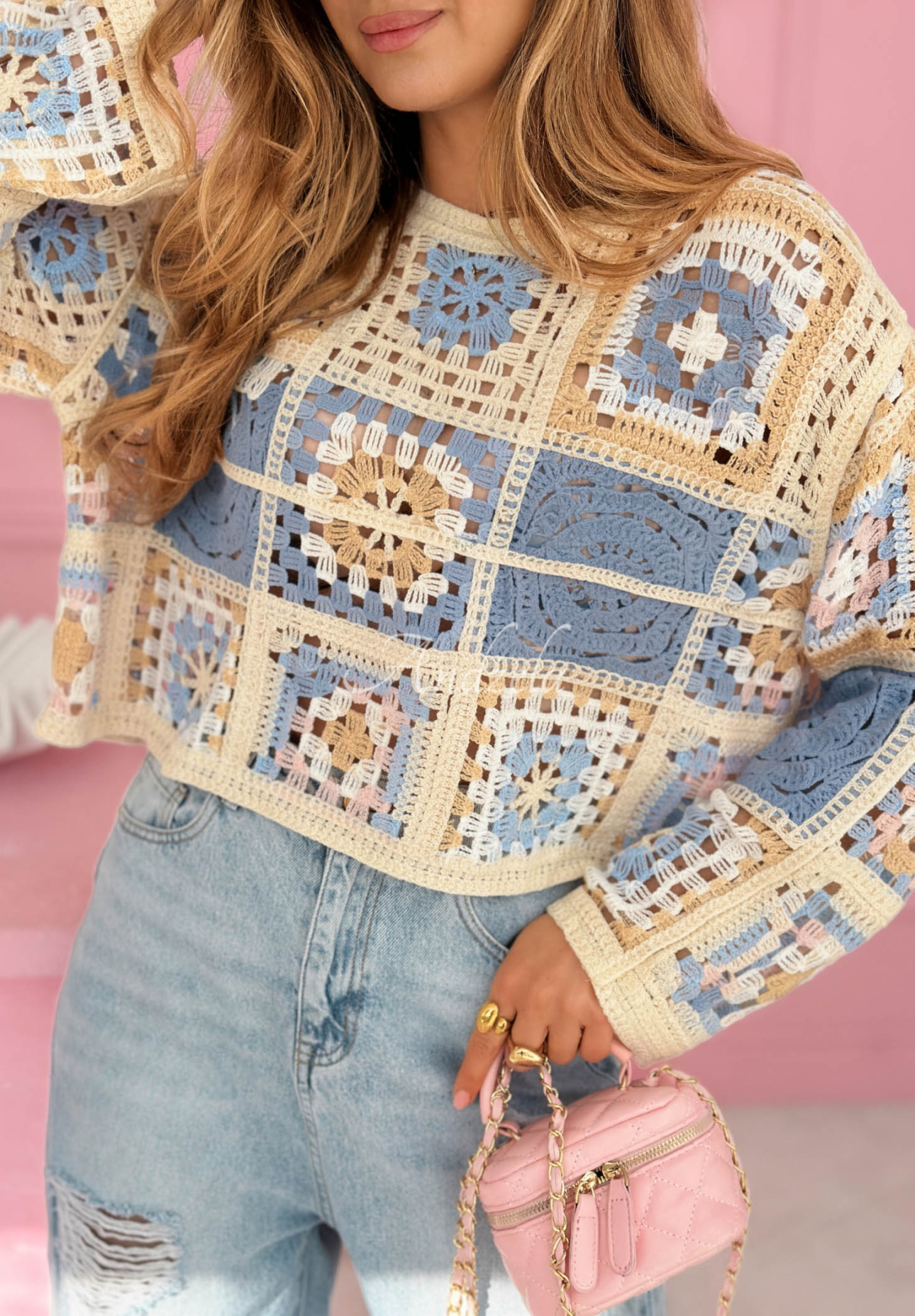 Durchbrochener Pullover boho Yasmine Himmelblau