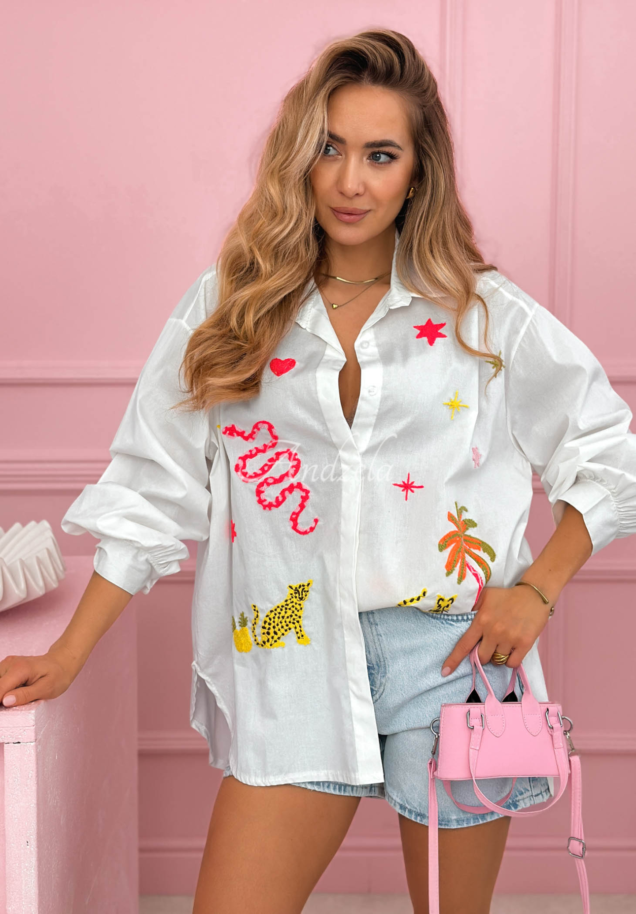 White cotton shirt with colorful Jungle Life patches