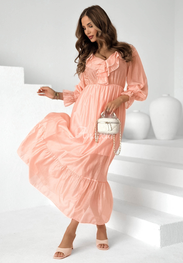Luftiges Maxikleid mit R&uuml;schen aus Tencel Lady Spring Rosa