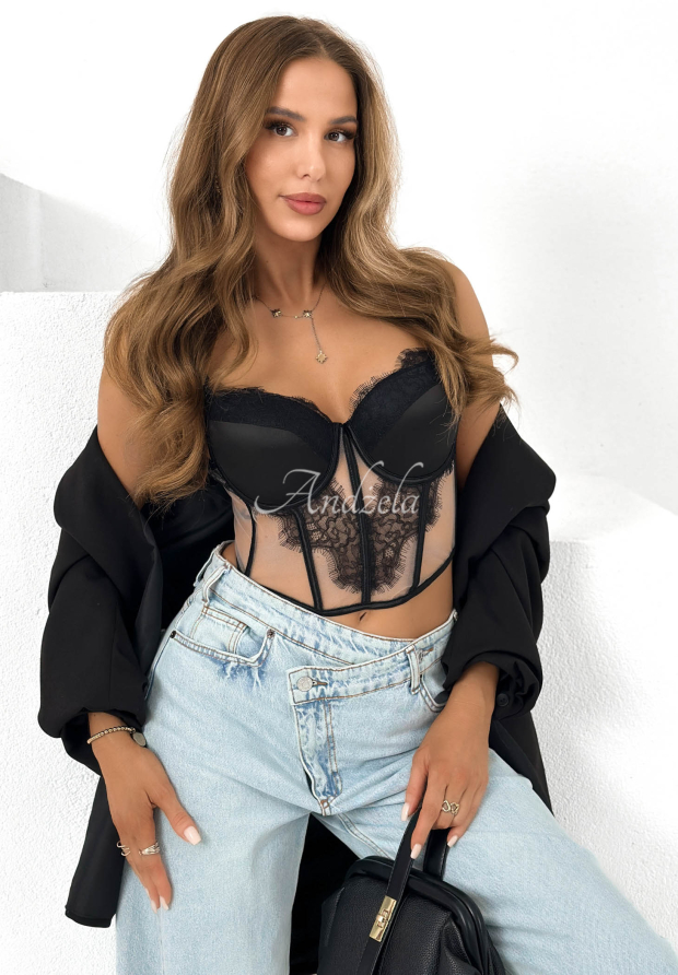 Kurzes Korsett-Top mit Spitze Sensi Look Schwarz