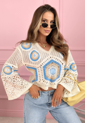 Durchbrochener Pullover boho Green Breeze Beige-Himmelblau