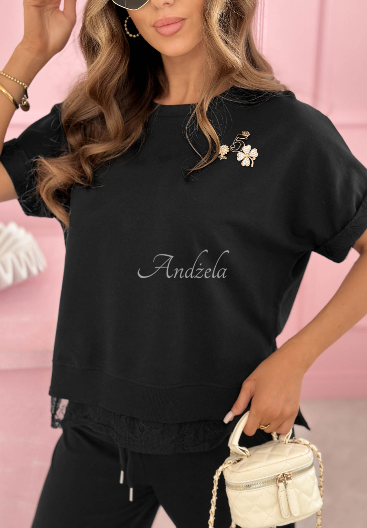 Lacy Actions Black Cotton Sweatsuit Set with Lace