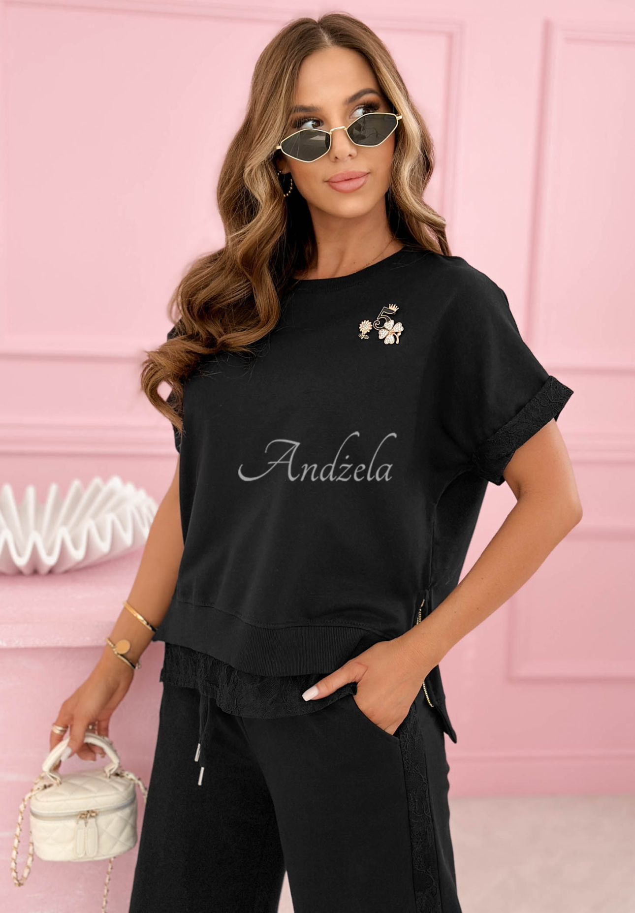 Lacy Actions Black Cotton Sweatsuit Set with Lace