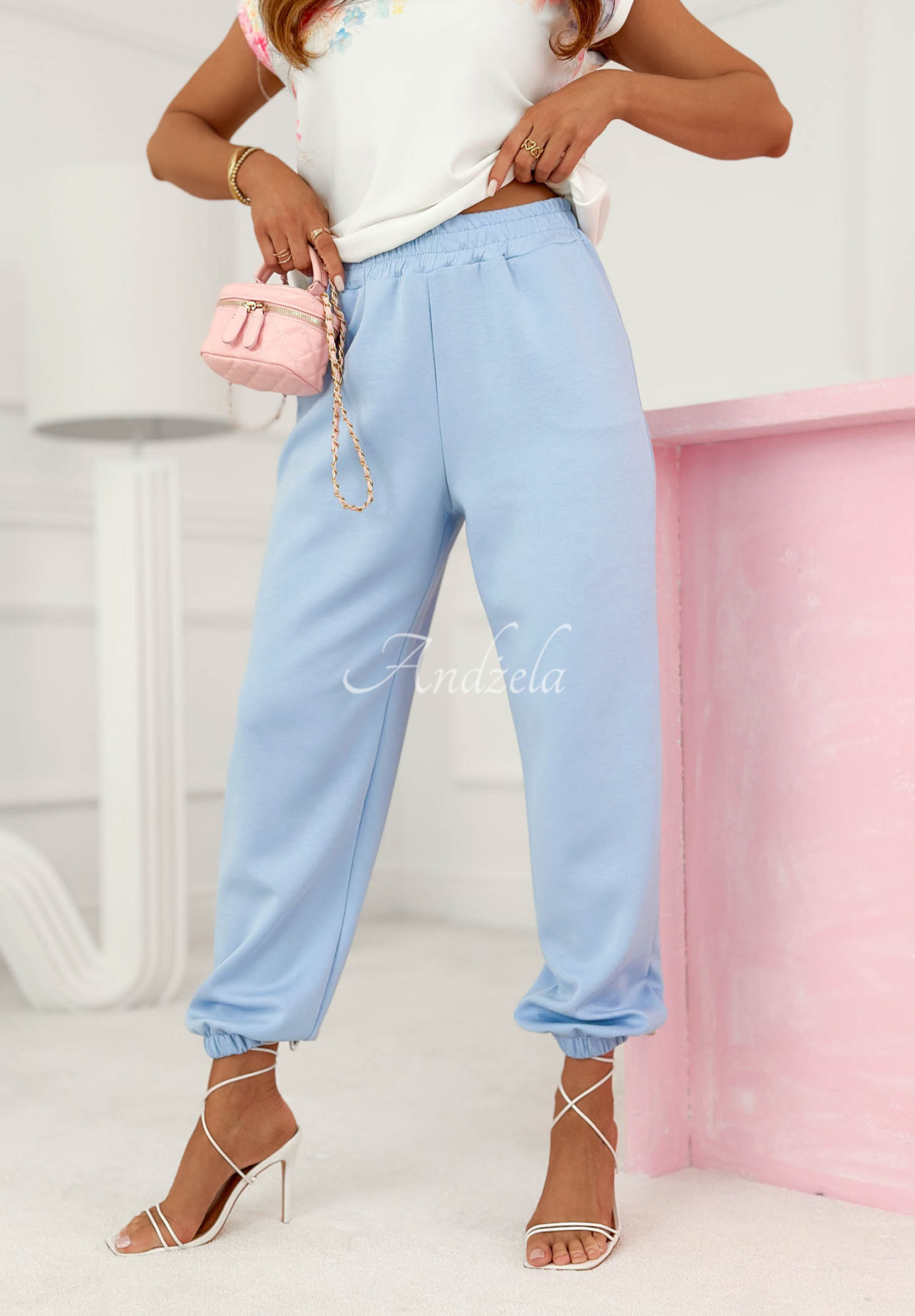 Evela Light Blue Floral Viscose Blouse and Pants Set