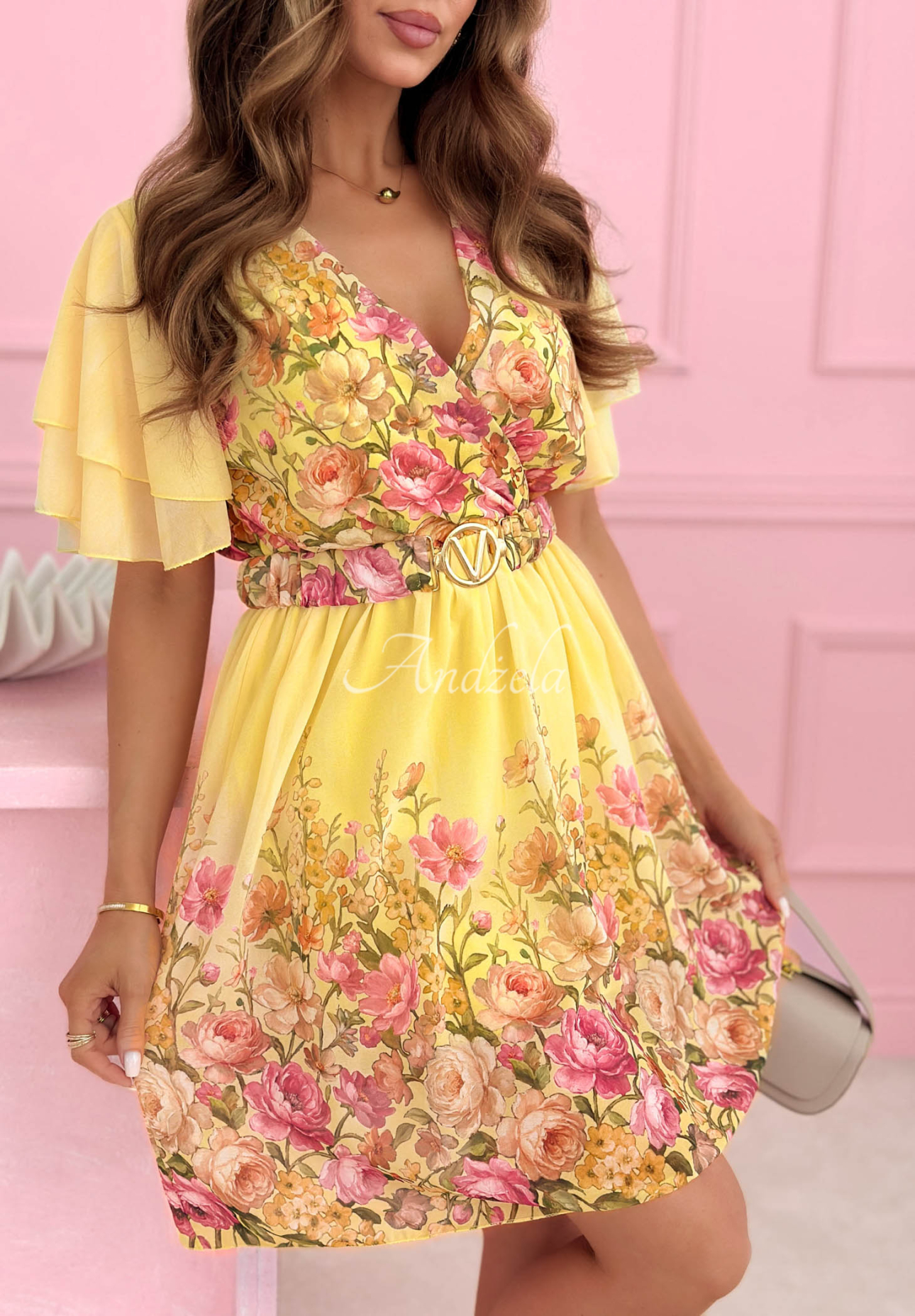 Soft Petals Yellow Floral Dress with Belt