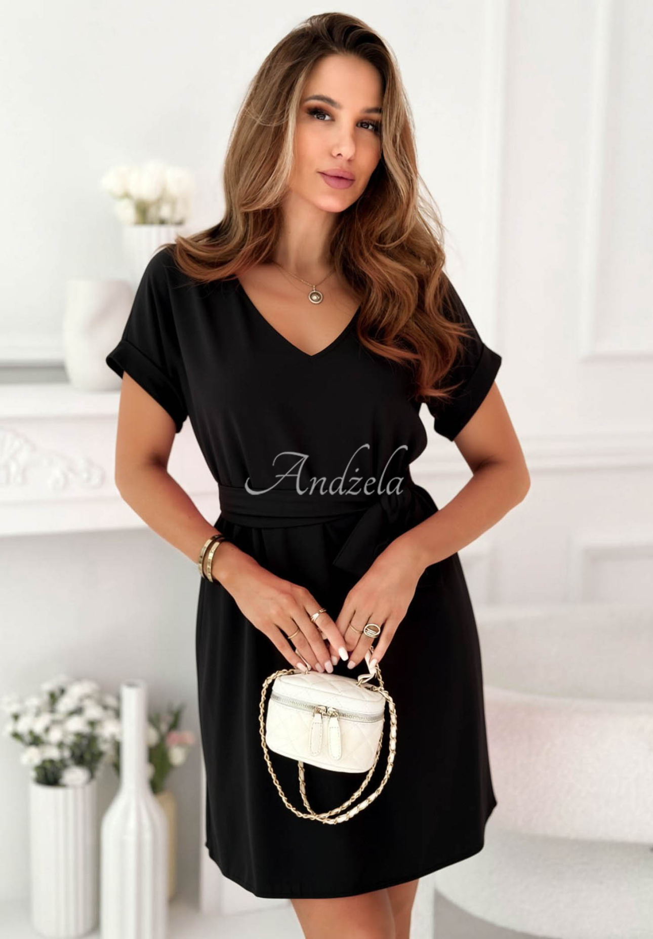 Petal Romance Black Mini Dress with Floral Print and Viscose